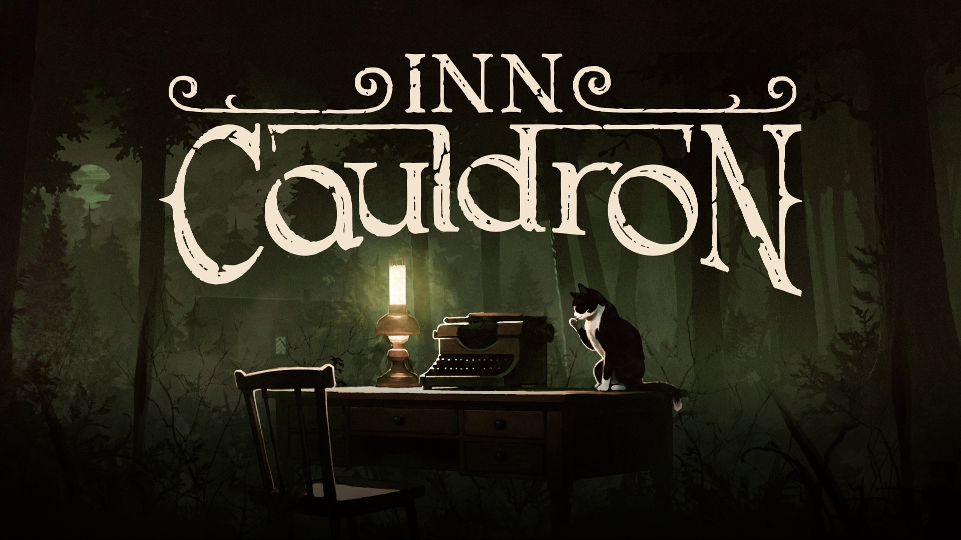 Cauldron Inn — key art: a cat beside a typewriter at a desk in a dark forest