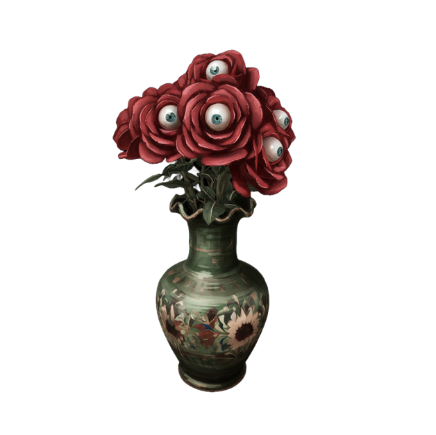 A vase of roses with eyes