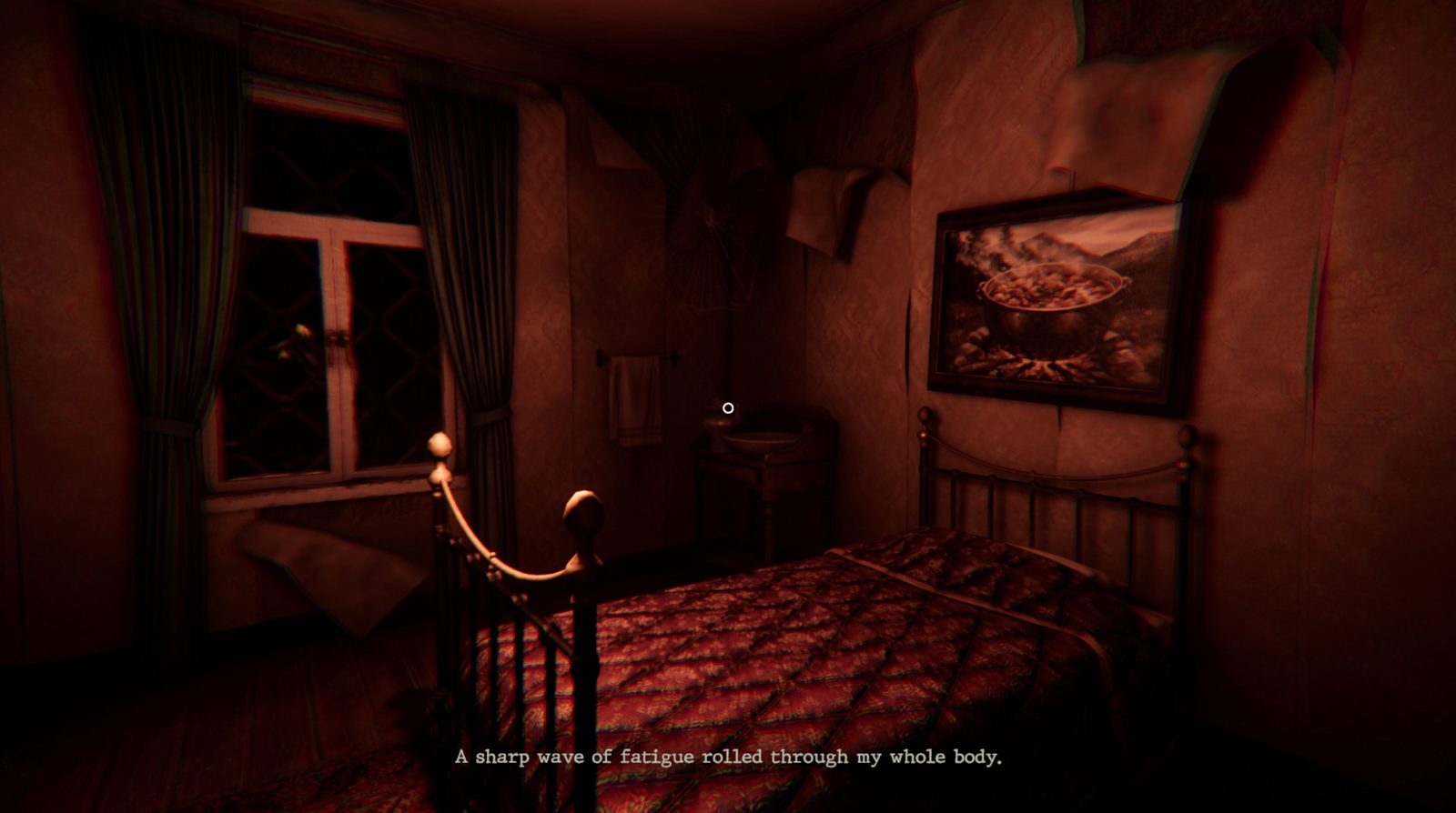A bedroom bathed in red light