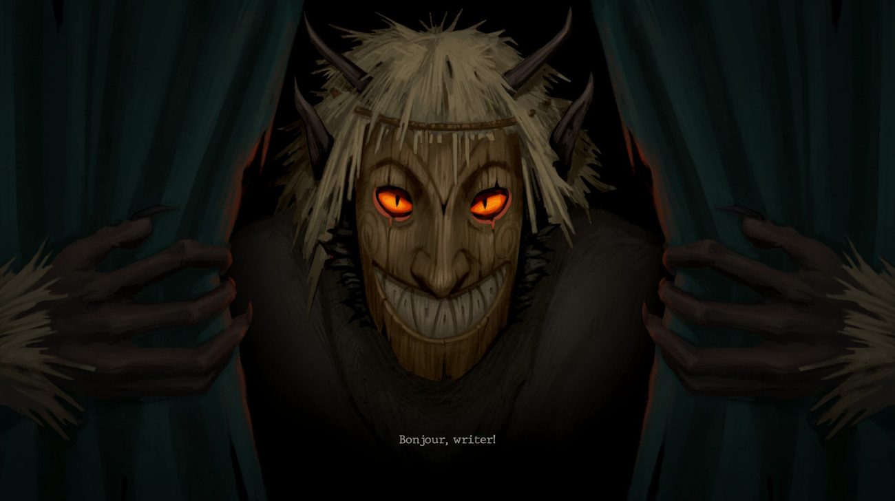A grinning mask behind the curtains